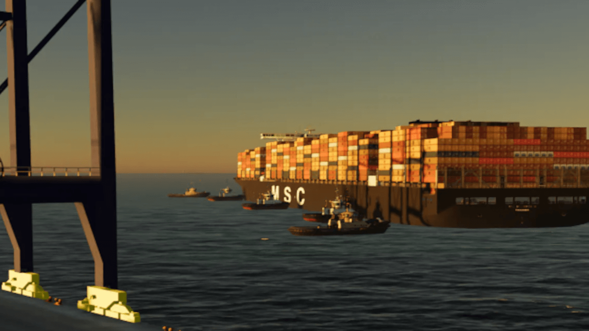 digitally render port with ships and cargo containers